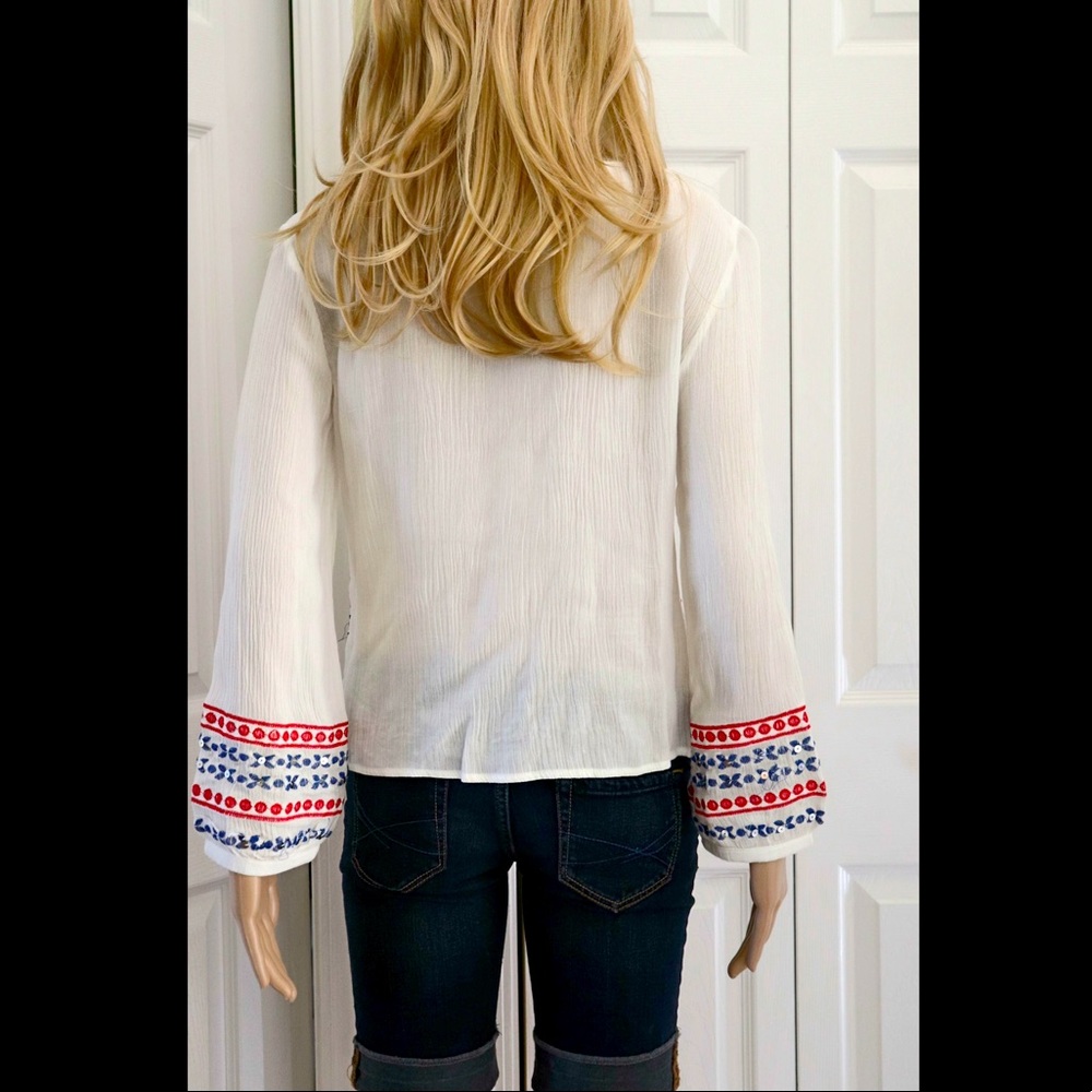Boho Peasant Top Embroidery Sequins Puff Sleeve Tassels White Red Blue S M L - Picture 8 of 14